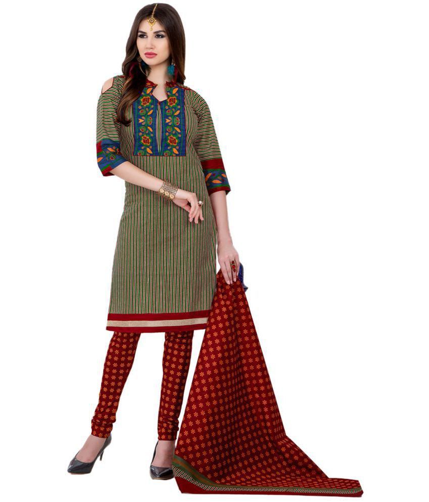 DRAPES Green and Brown Cotton Dress Material Buy DRAPES Green and