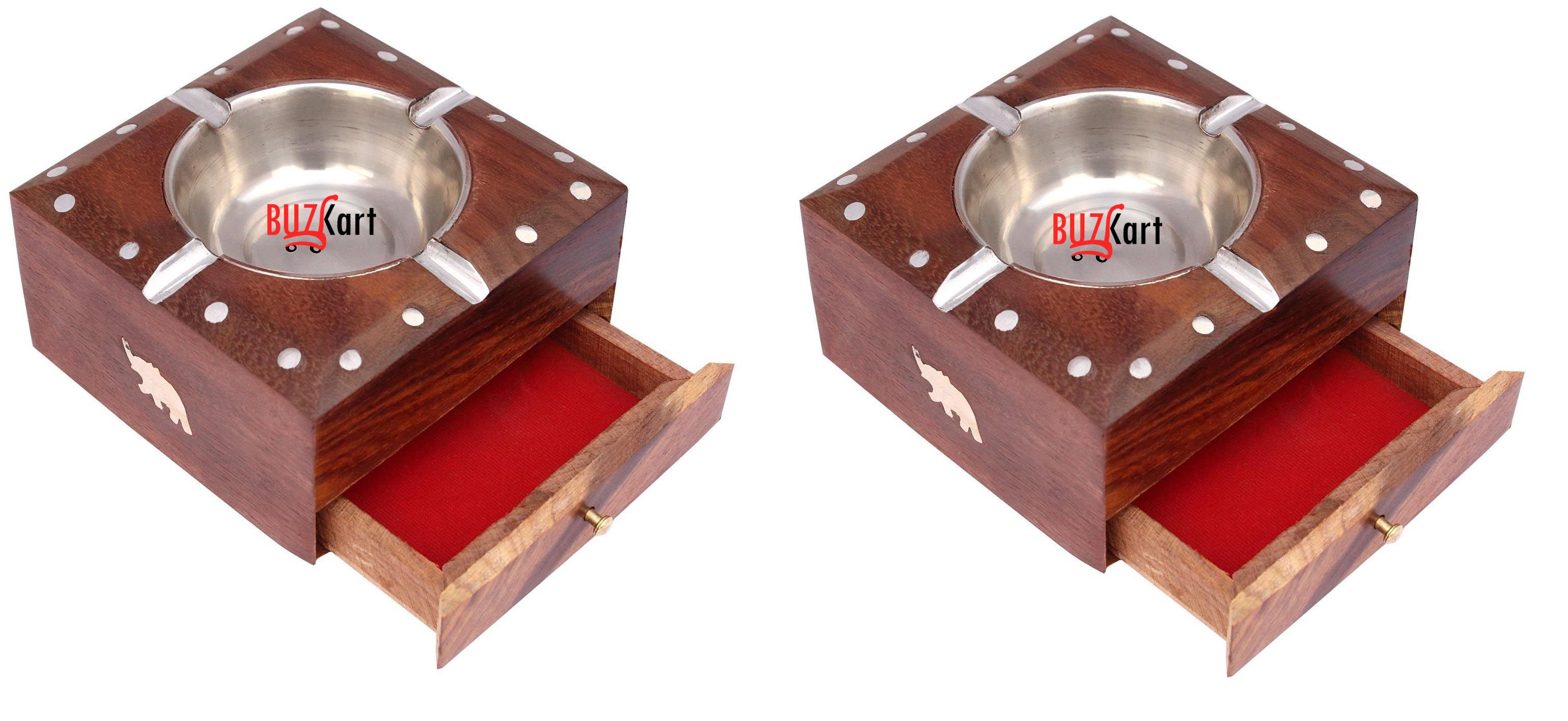 BuzyKart Beautifull Vintage Wooden Ash Trays With Cigarette Drawer (Set Of 2)
