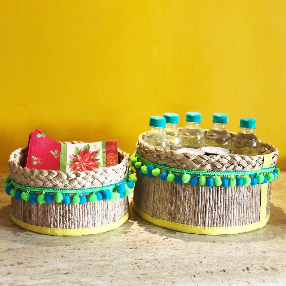 Deziworkz Jute Rope Handcrafted Round Deep with Pom Pom Lace Gift