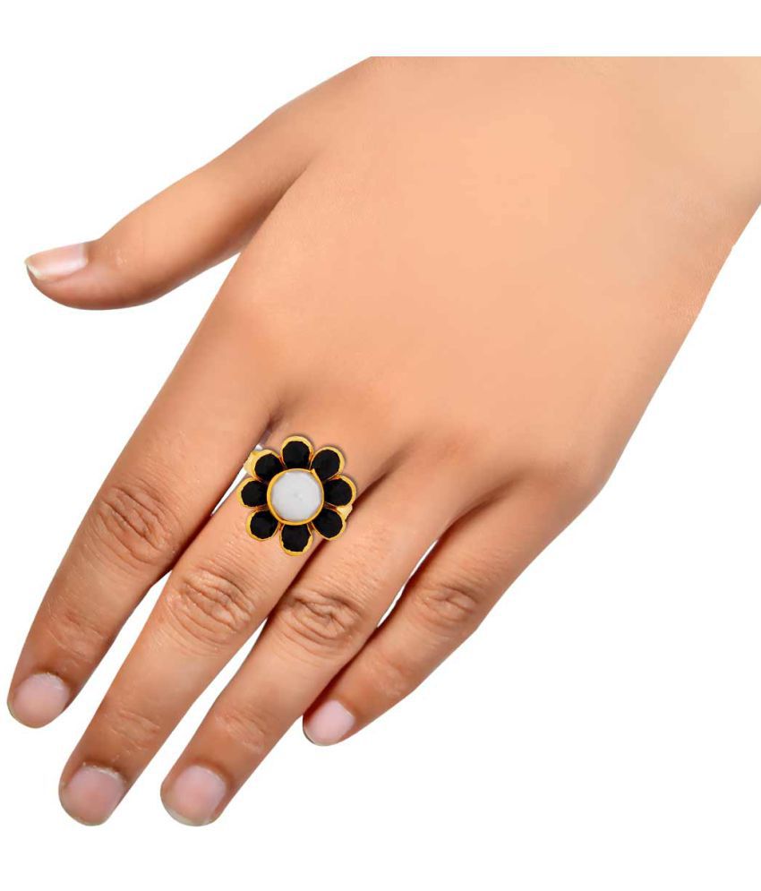 Maayra Blue White Pearl Flower Ring Adjustable Pachhi Work Wedding Ring 