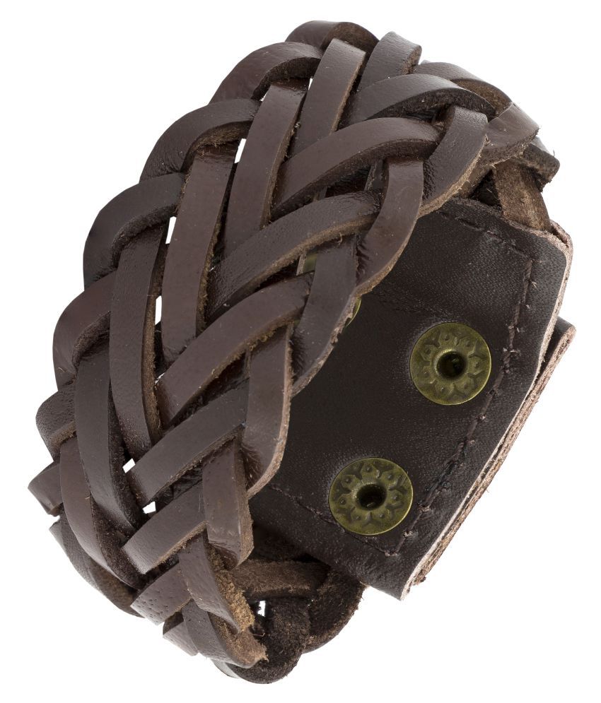     			The Jewelbox Braided Biker Funky 100% Genuine Handcrafted Chocolate Brown Leather Wrist Band Bracelet