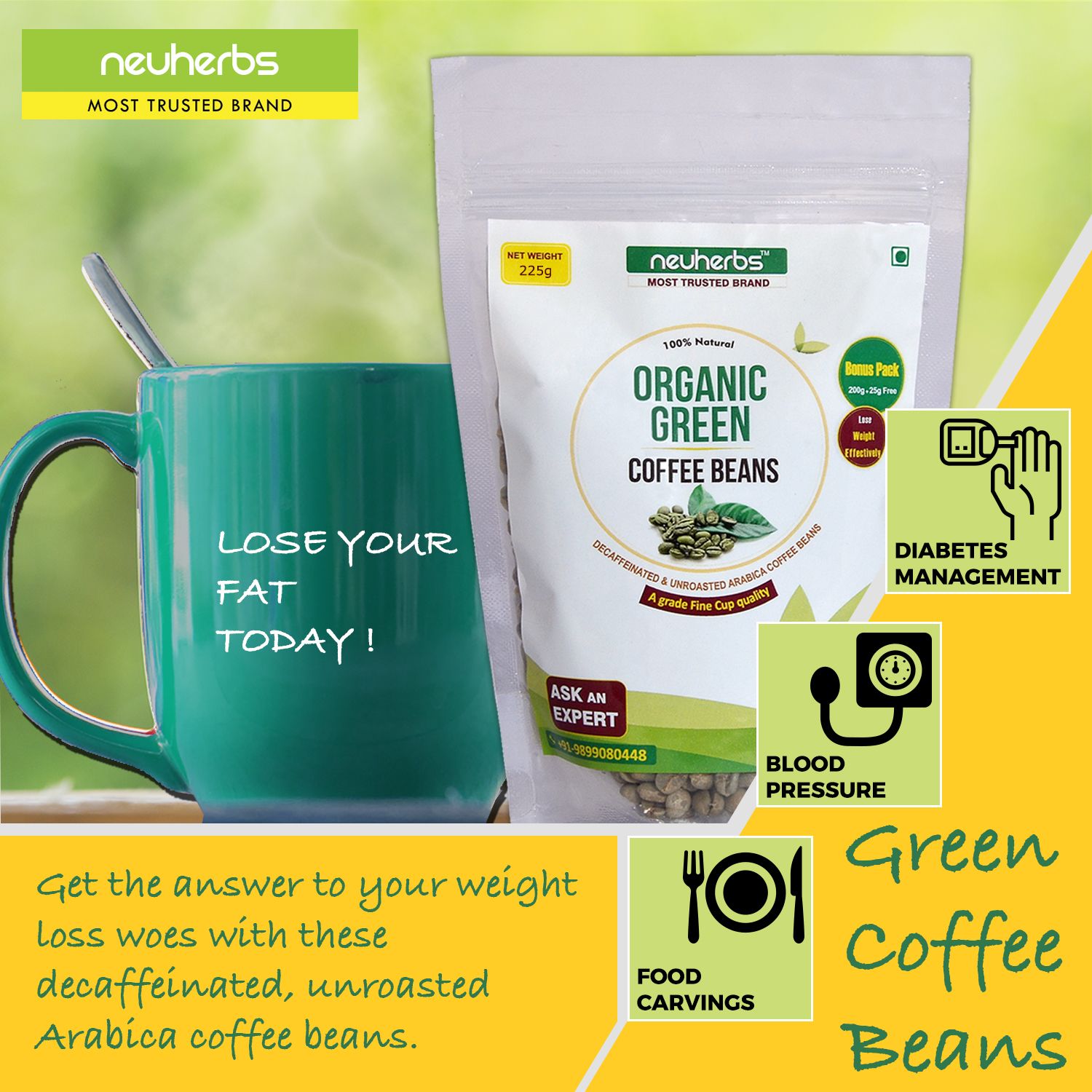 Neuherbs Green Coffee Beans For Weight Loss 225 gm Pack of 2 Buy