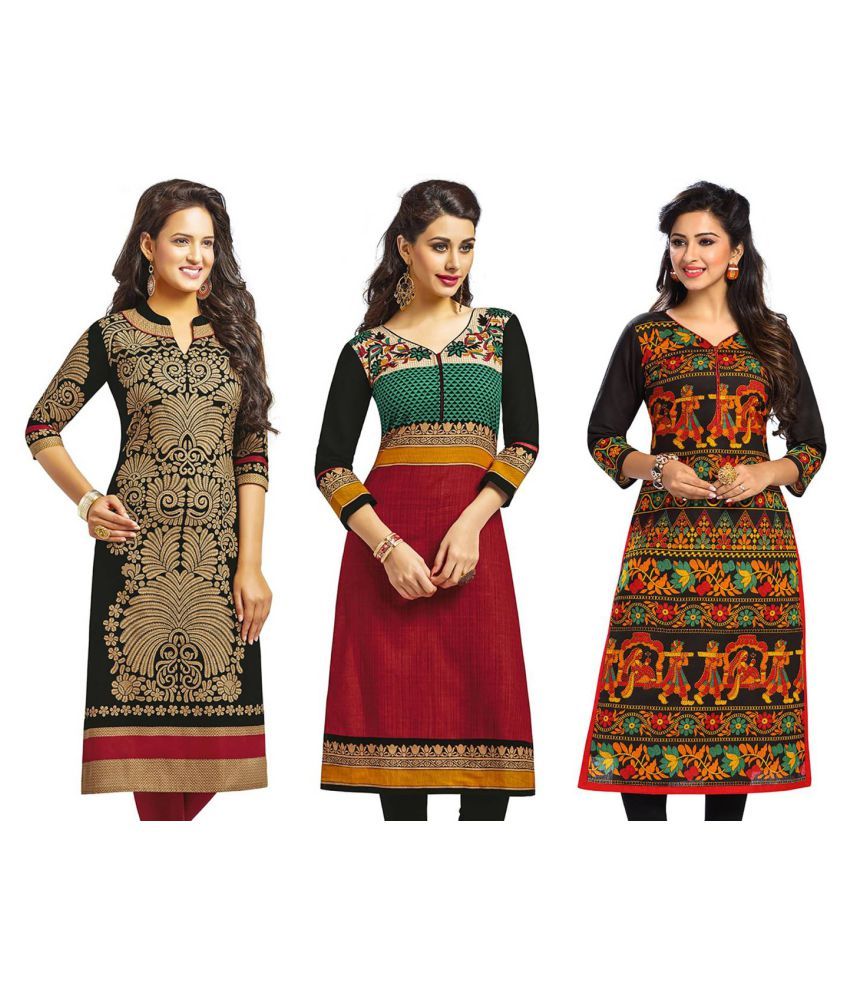     			Jevi Prints Beige, Pink and Orange Cotton Printed Unstitched Kurti Pack of 3