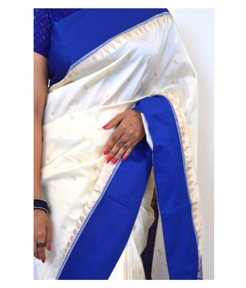 Nishuj Fashion S White Garad Silk Saree With Blue Border Pure Soft Silk Bengali Traditional Ethnic Wear For Women Buy Nishuj Fashion S White Garad Silk Saree With Blue Border Pure Soft Silk Embroidered and cutwork and many other. nishuj fashion s white garad silk saree