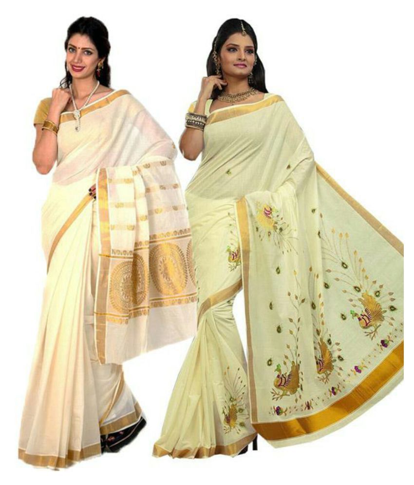     			RSV FABRICS White and Beige Kerela Cotton Saree