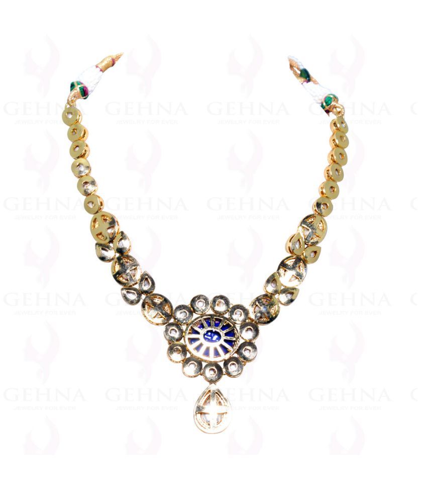 FUSION JEWELRY KUNDAN & BLUE WHITE C.Z STUDDED CHOKER NECKLACE SET