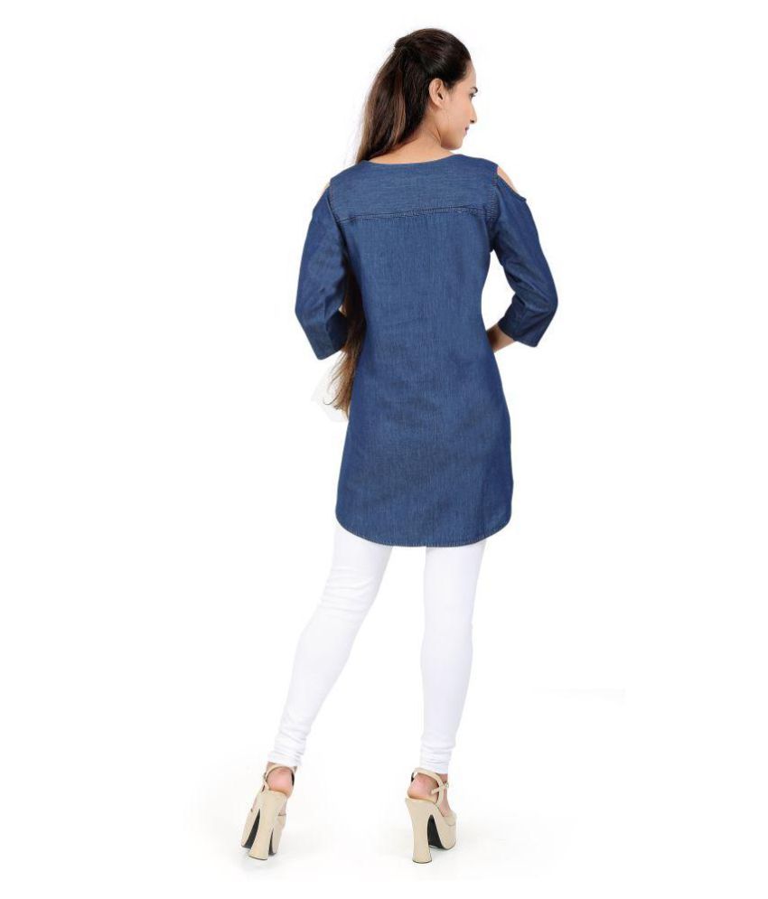 sky blue flared printed kurti with denim jacket
