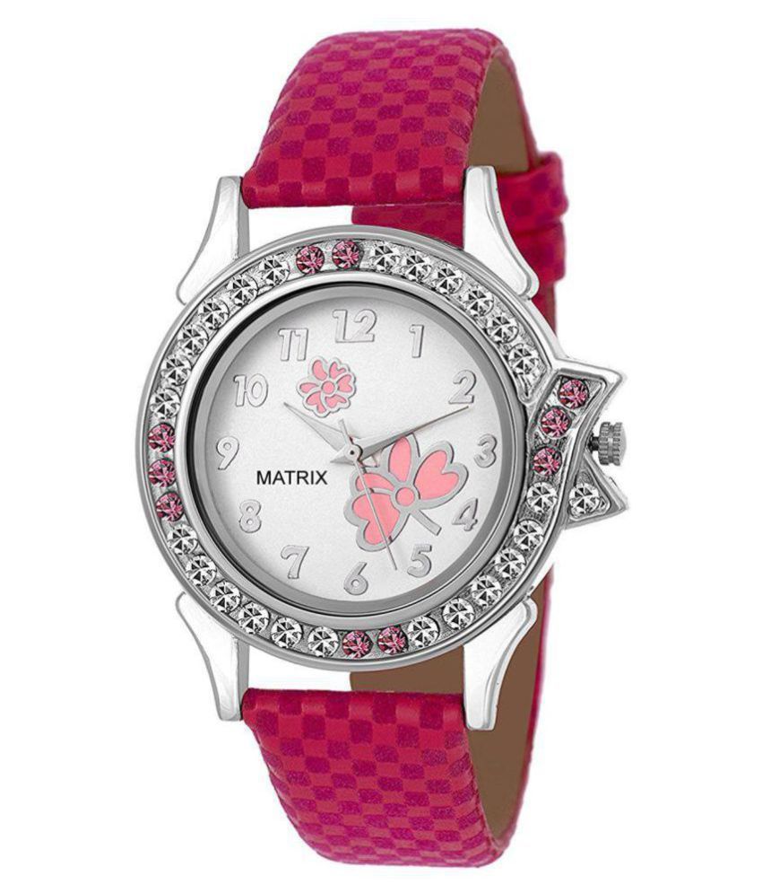     			Matrix Analog White Pink Dial Pink Leather Strap Wrist Watch For Girls And Womens