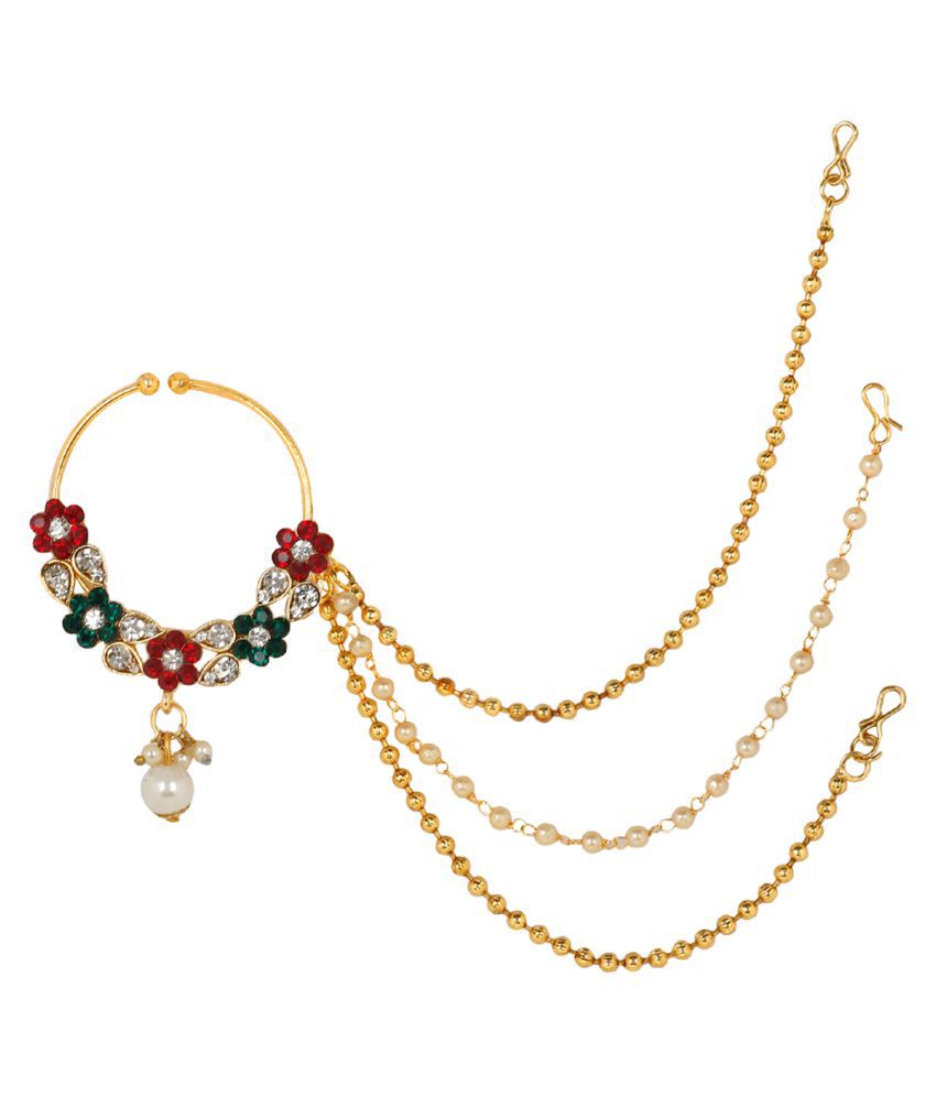     			Priyassi's traditional Gold Plated Red & Green Kundan Nose Ring/Nath with 2 Gold & 1 Pearl Chain For Women/Girls