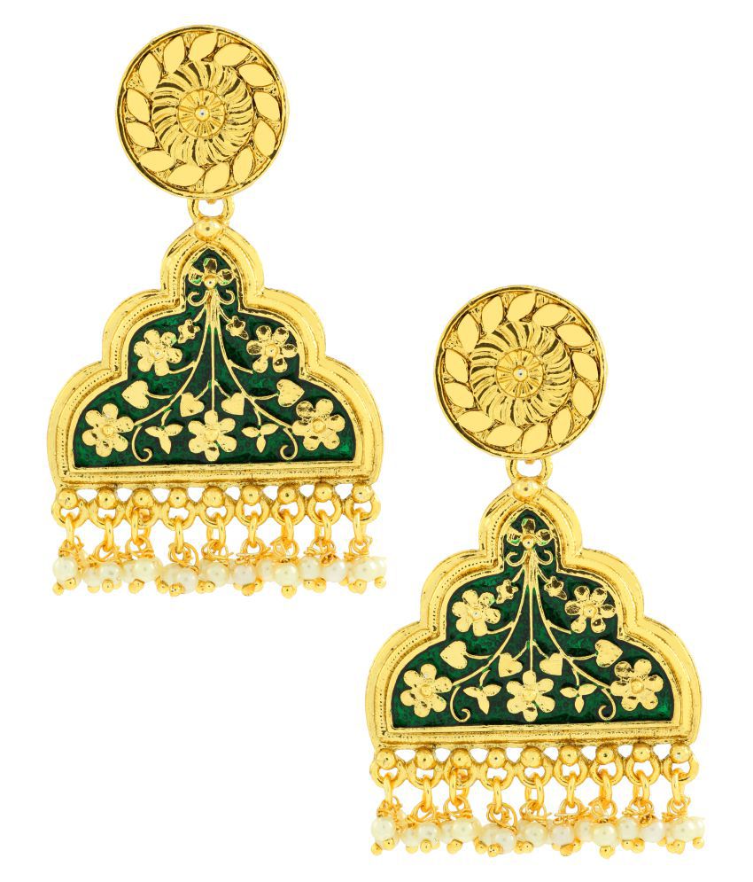     			The Jewelbox Statement Long Green Enamel Meenakari Victorian Pearl 22K Gold Plated Dangle Earring For Women
