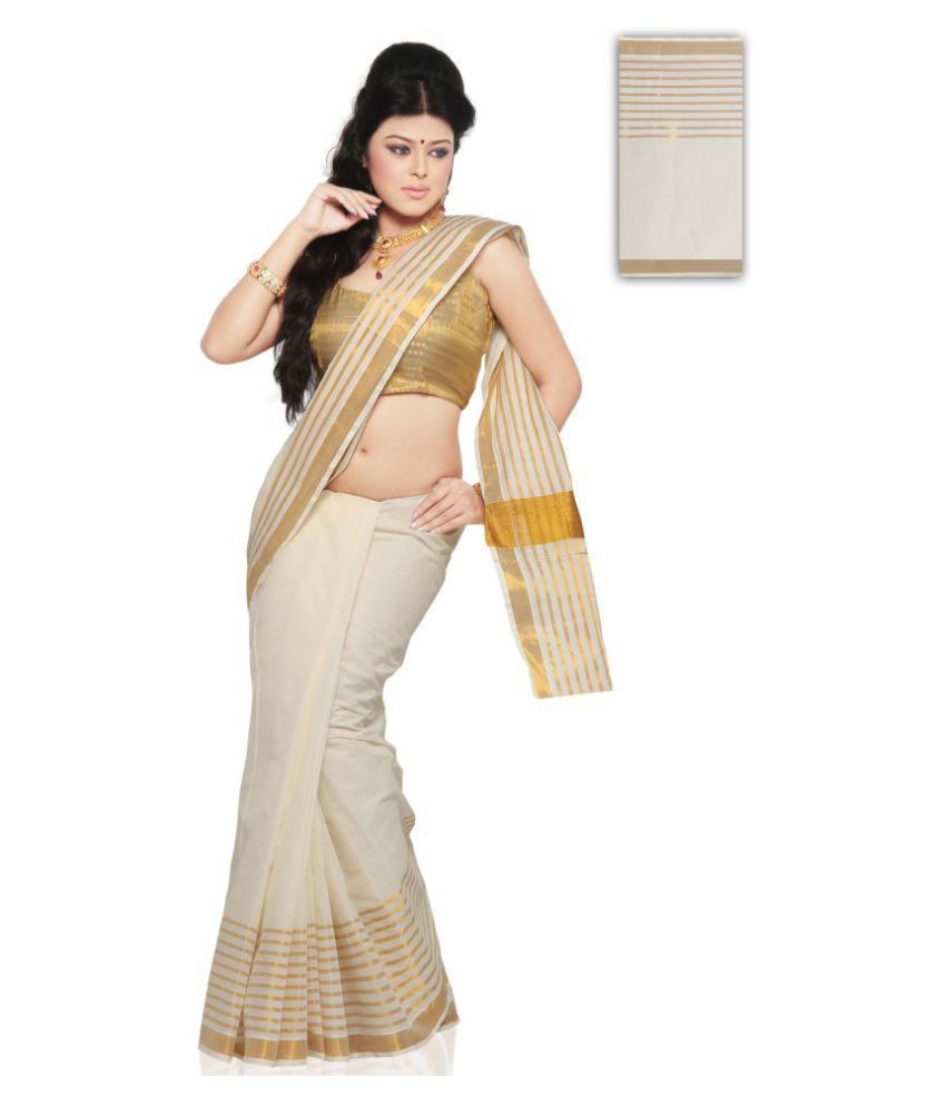     			RSV FABRICS White and Beige Kerela Cotton Saree