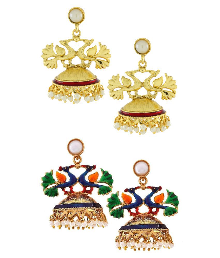     			The Jewelbox Peacock Crown Gold Plated Multicolor Meenakari Jhumki Earring Combo For Women
