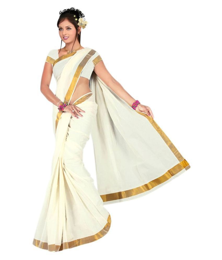     			RSV FABRICS White and Beige Kerela Cotton Saree