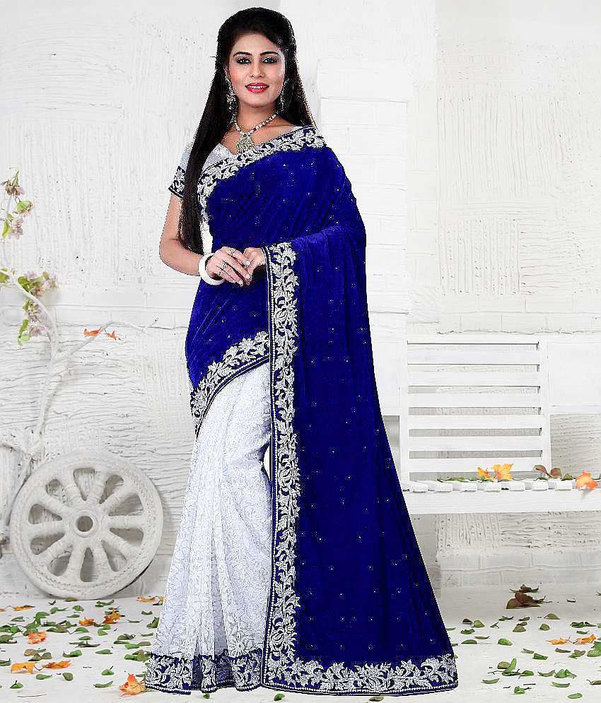 Awesome Blue and Grey Velvet Saree