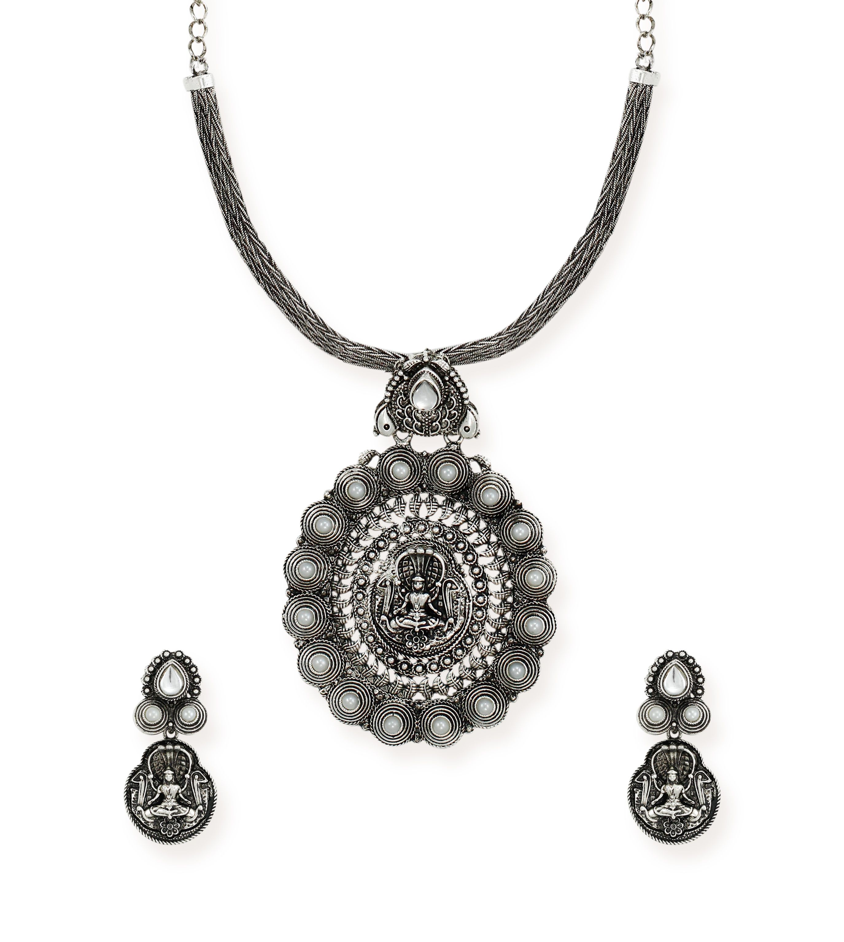 Zaveri Pearls Antique Silver Toned Divine Goddess Temple Necklace Set