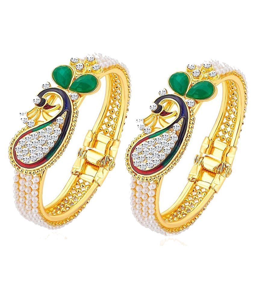     			Zeneme Dancing Peacock Antique Gold Plated Bangles / Kada Jewellery for Women / Girls