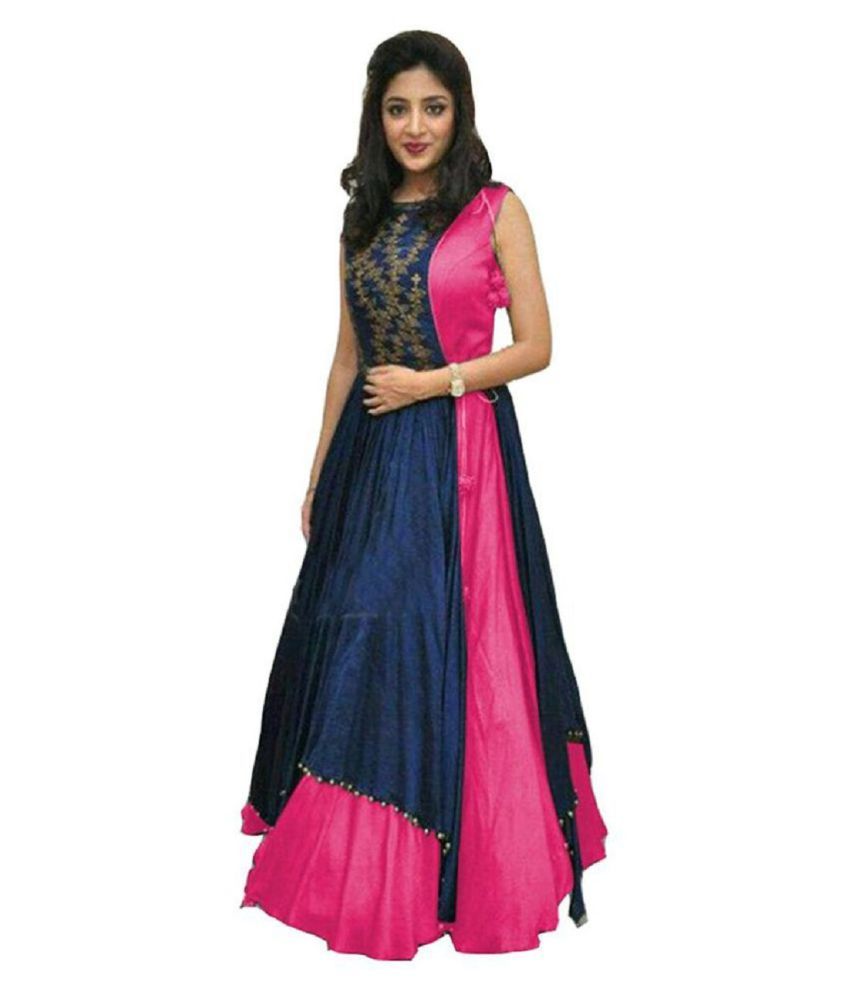 Shreenathji Enterprise Blue and Pink Bangalore Silk Dress Material
