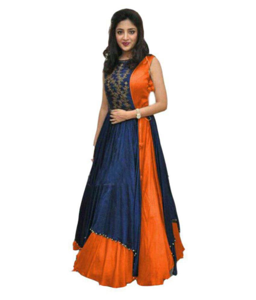     			Today Orange and Blue Bhagalpuri Silk A-line Stitched Lehenga