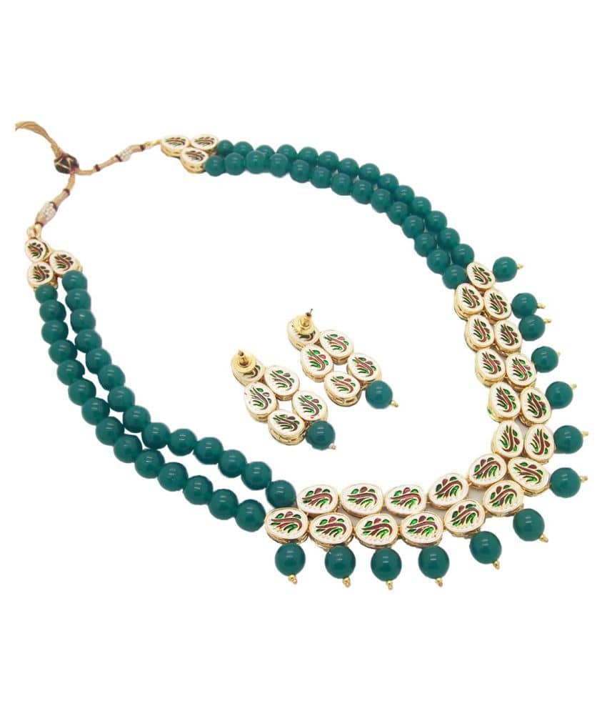 Biyu Kundan Emerald Designer Double Line Necklace set