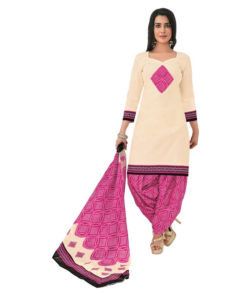    			Pranjul White and Pink Cotton Dress Material