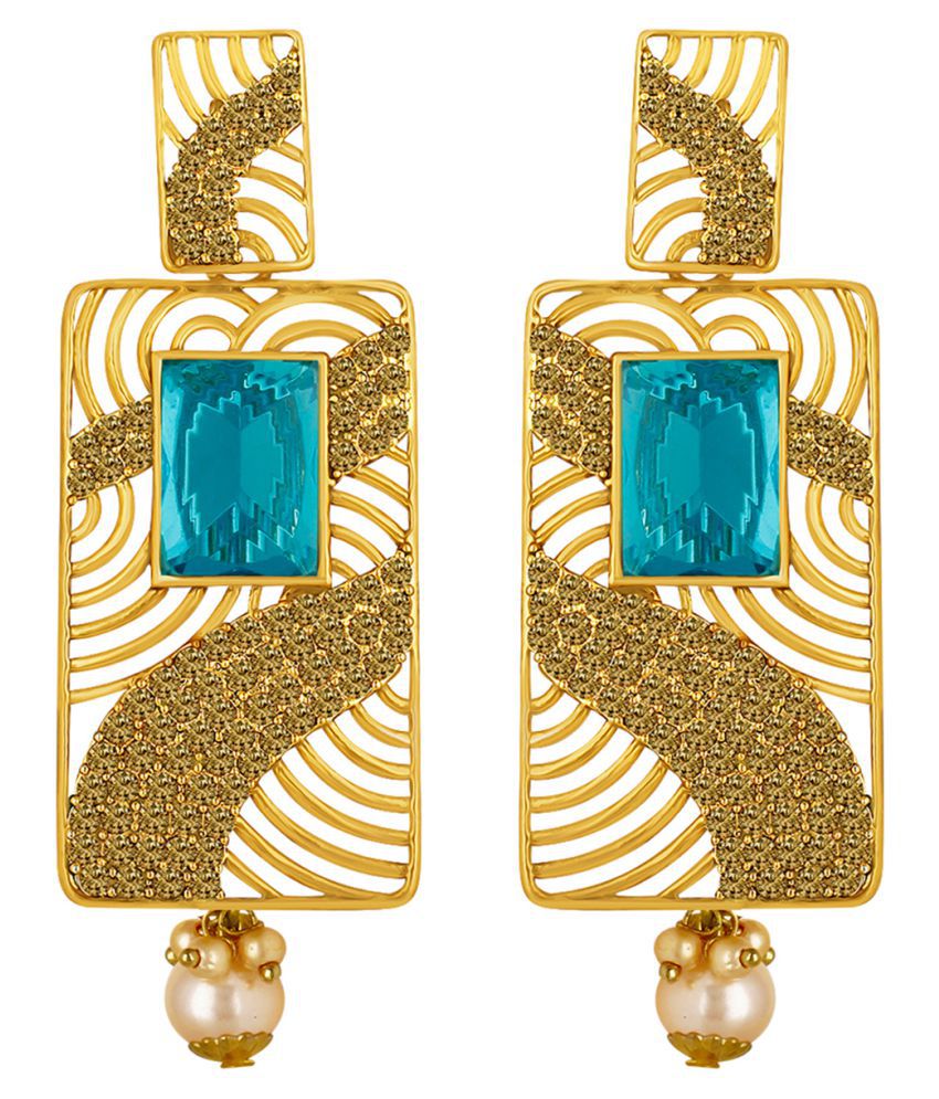     			Spargz Antique Filigree Work Gold Plated Square Shape Blue AD Stone Long Indian Style Dangle Earrings For Women AIER 1347