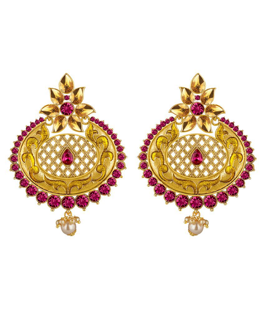     			Spargz Antique Gold Plated Purple AD Stone Long Indian Style Enamel Work Chandbali Earrings For Women AIER 1348