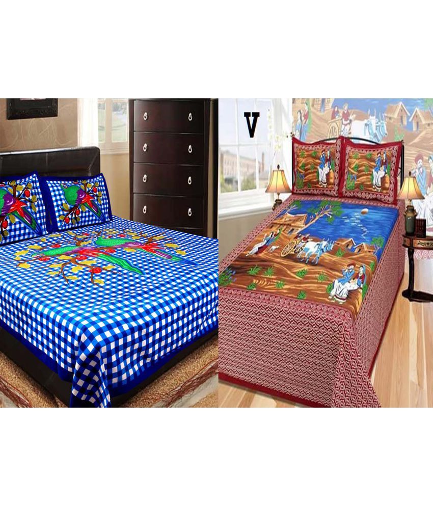 Jaipuri Bedsheet Cotton 2 Double Bedsheets with 4 Pillow Covers Buy
