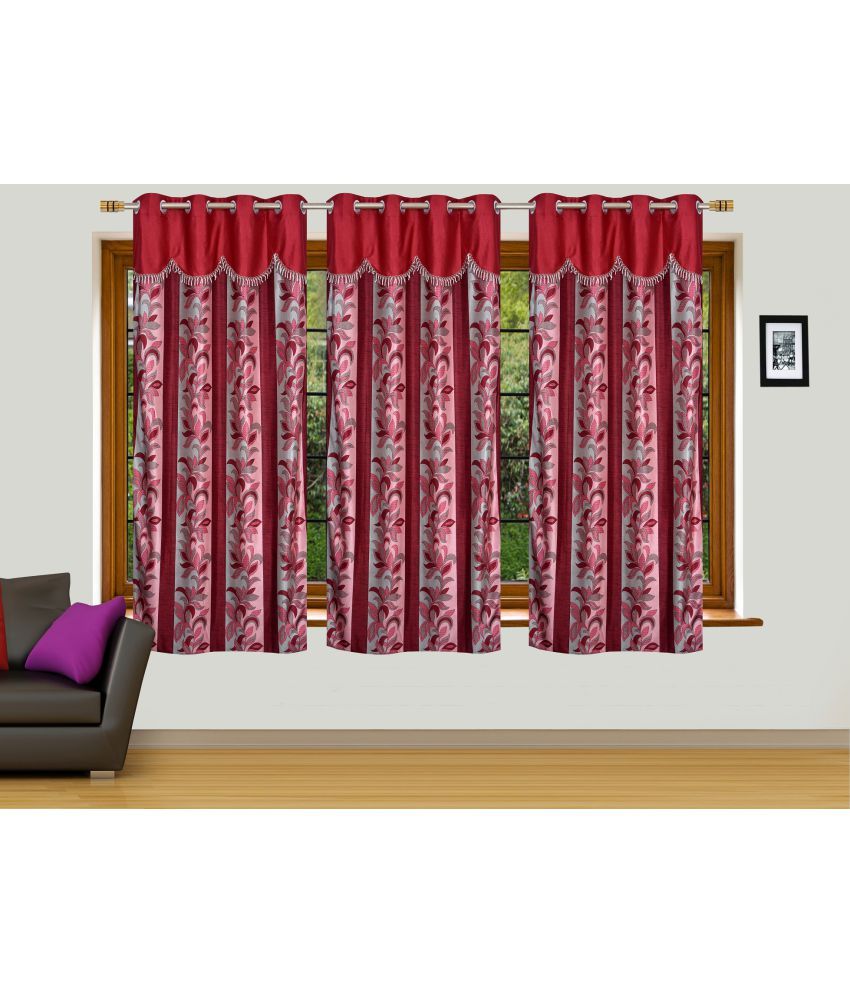     			Stella Creations Set of 3 Window Eyelet Curtains Floral Maroon