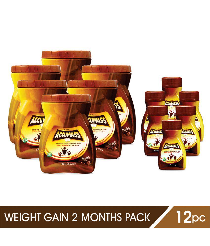 Accumass Weight Gainer 3 Months Combo Pack (6 Powders 525gm & 6 Capsules 60), Ayurvedic