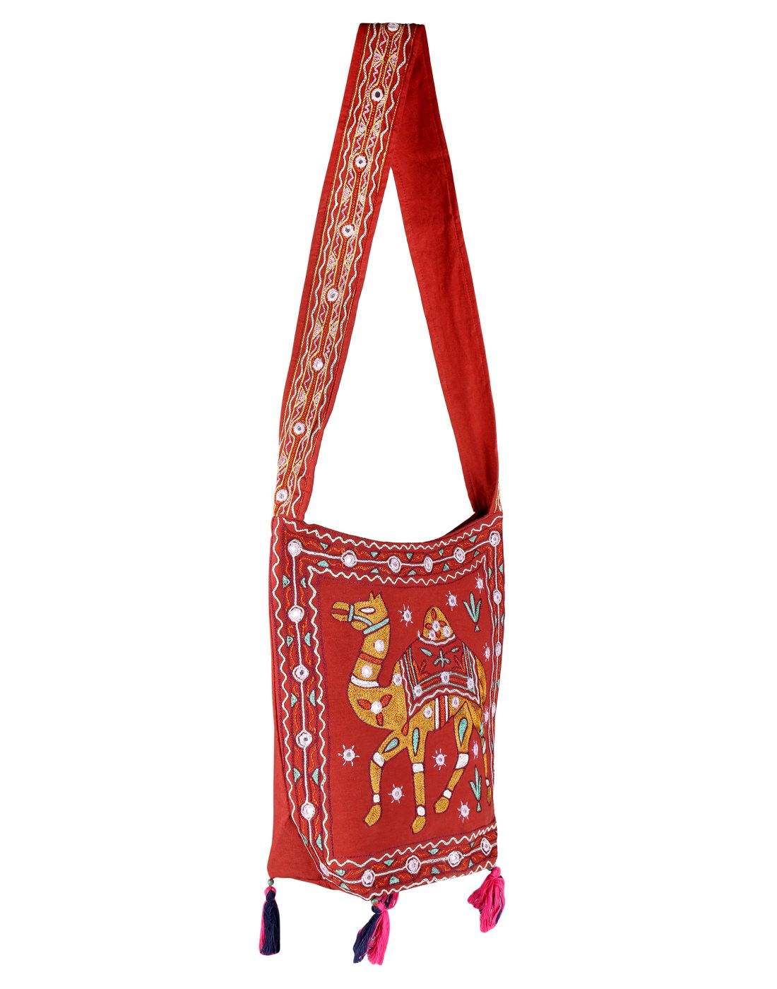 Red - Pipli Applique Work Cotton Sling Bag