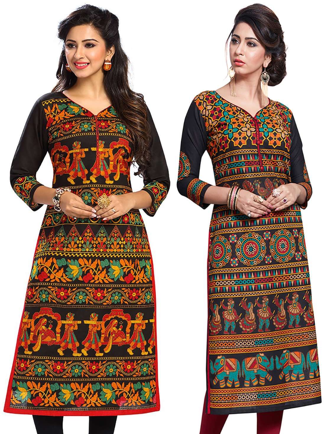     			Jevi Prints Red and ORANGE Cotton Printed Unstitched Kurti Pack of 2