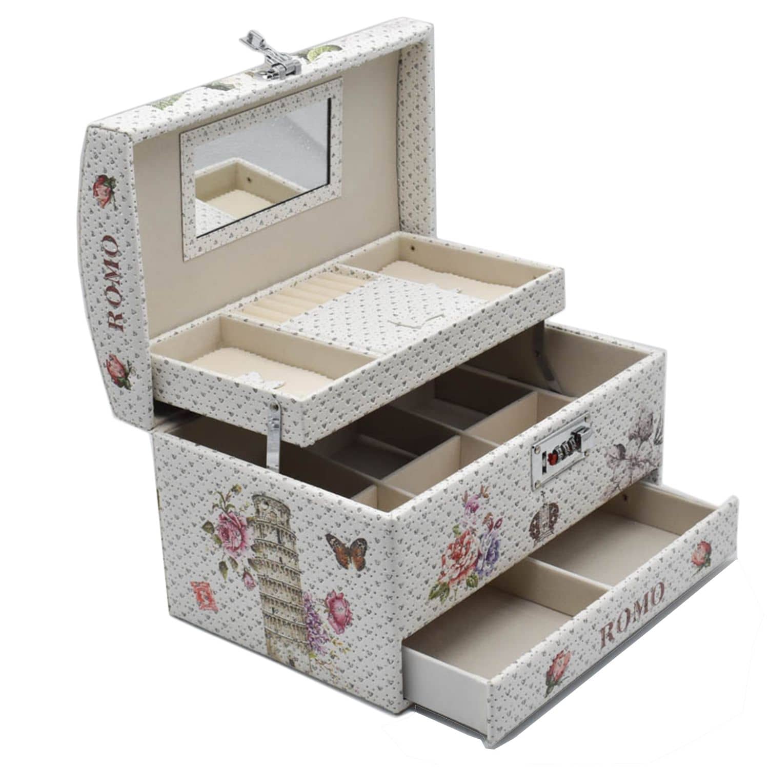 Jewelry Organizer Box with Mirror & Pullout Drawer Romo Best Wishes