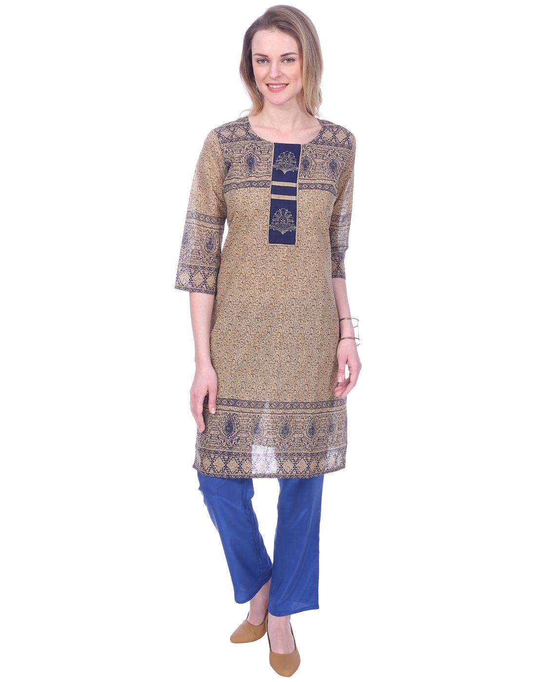     			Mystika Beige Cotton Straight Kurti