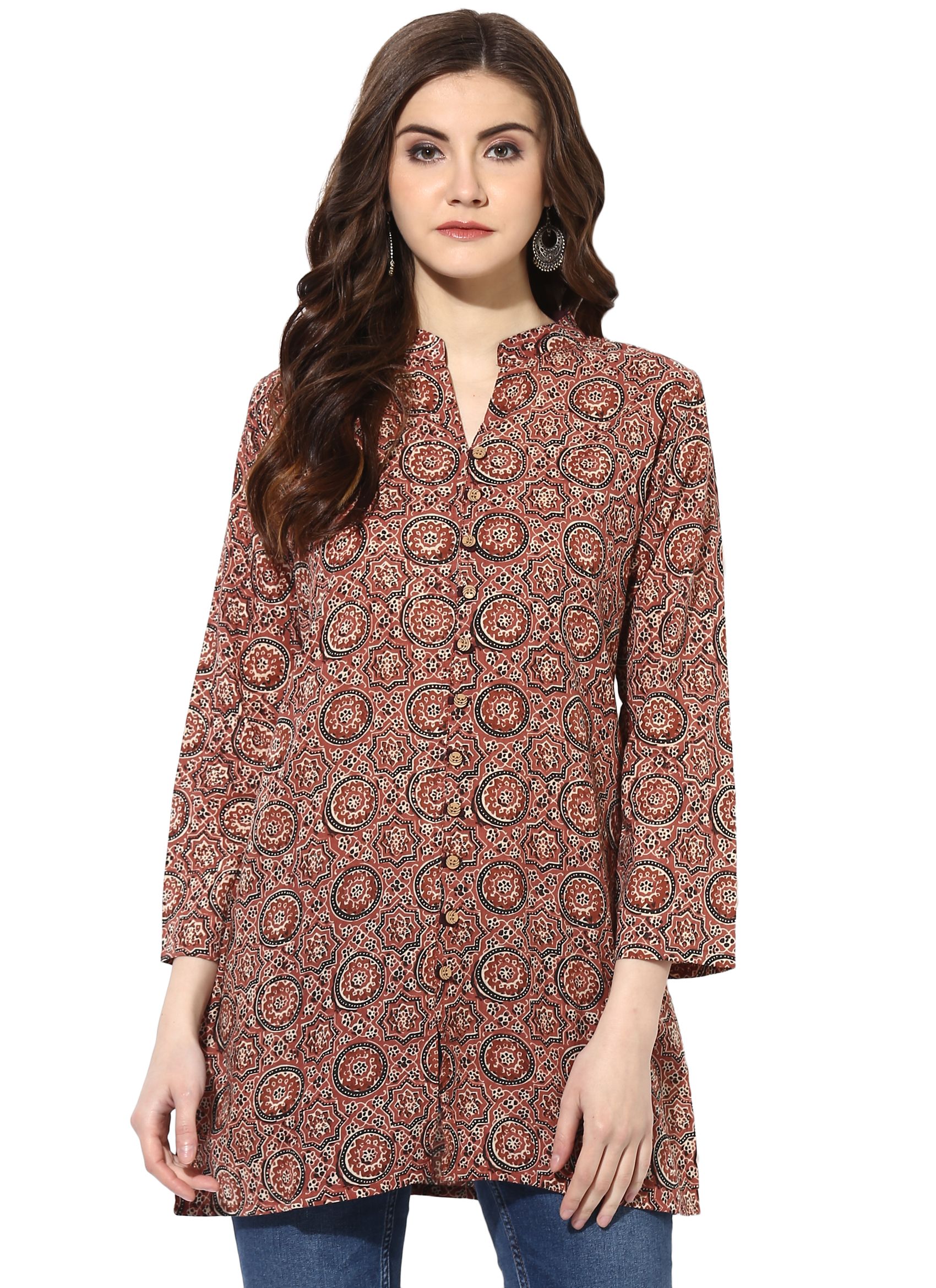 Mytri Brown Cotton Straight Kurti - Buy Mytri Brown Cotton Straight ...