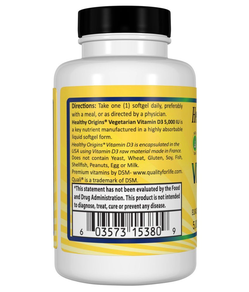 Healthy Origins Vegetarian Vitamin/D3, 5,000 IU, 30 Veggie Gels 30 no.s