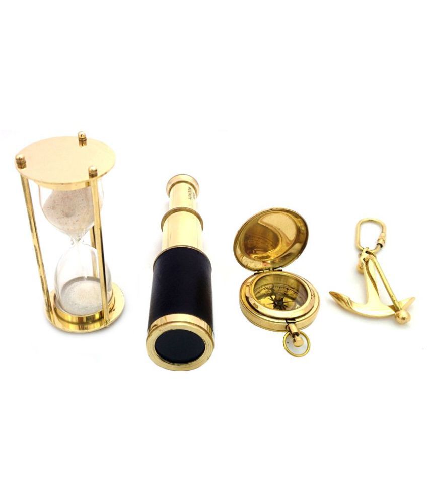     			Artshai Antique. style collectible set of brass hourglass, pocket telescope, push button compass and anchor keyring