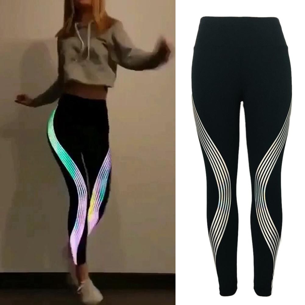 Women Glowing Sports Yoga Pants Rainbow Reflective Stripes Fashion