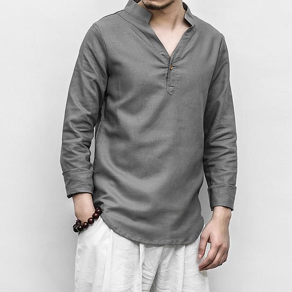 mens vintage solid color stand collar long sleeve loose casual t shirt