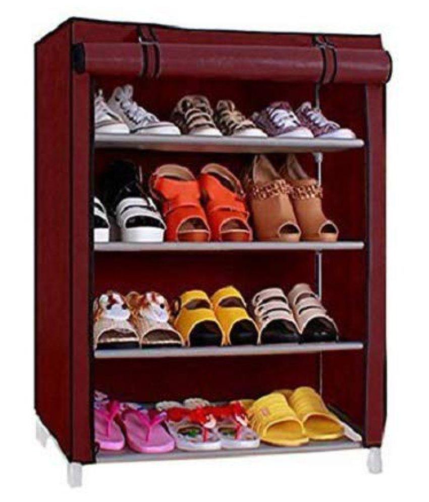 Furniture Yutiriti 4 Layer Maroon Shoe Rack With Cover Space Saver Storage Organiser