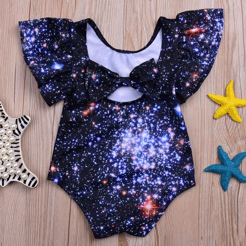 Star Printed Girls Swimwear Flare Sleeve One-Piece Jumpsuit Swimming ...