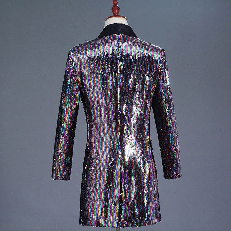 Haorun Men Multi Color Glitter Sequins Longline Jacket Suit Blazer