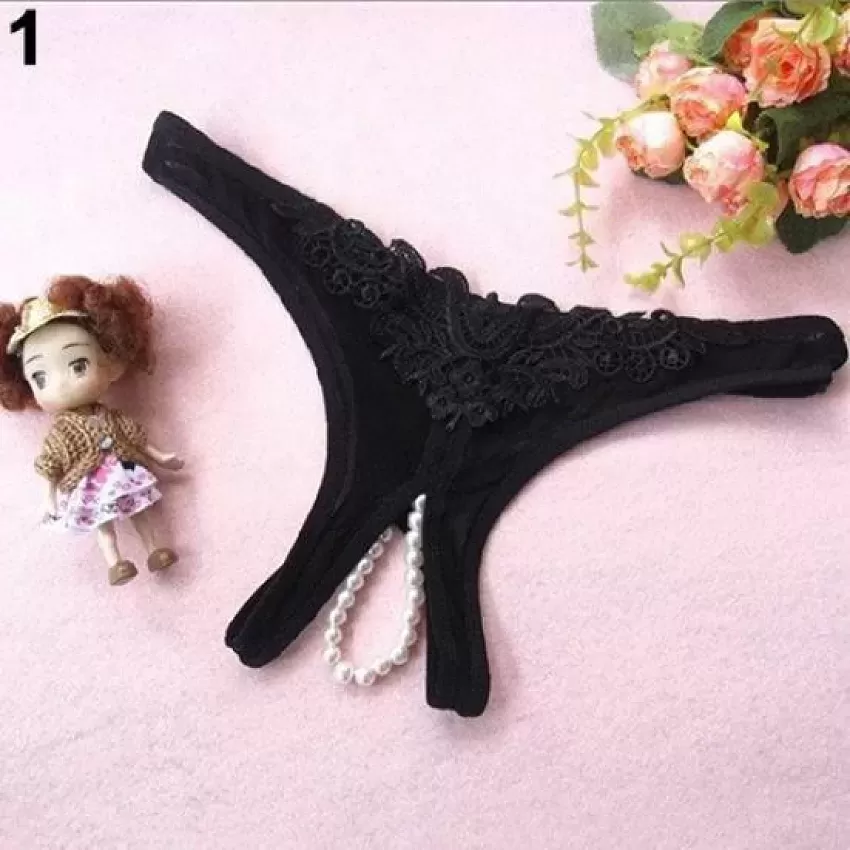 Women Sexy Crotchless Faux Pearl Decor Thong Panties Open Crotch