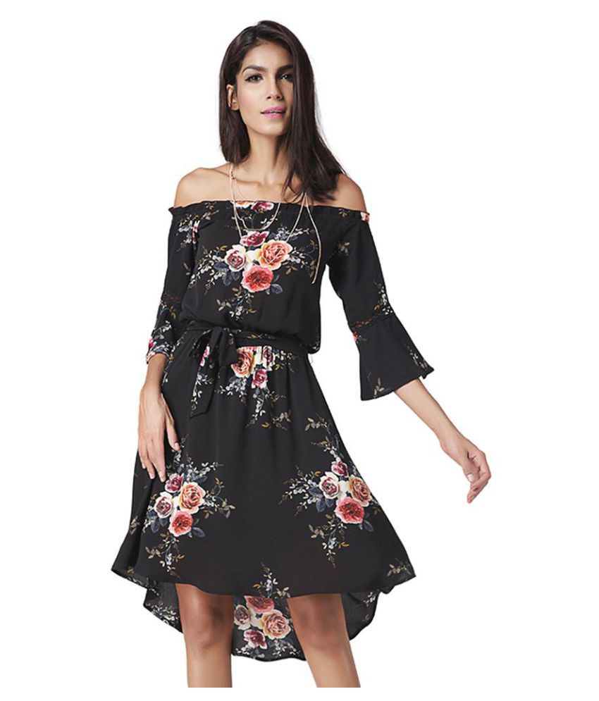 Sexy Lady Off Shoulder Boat Neck Floral Flare Sleeve Irregular Party ...