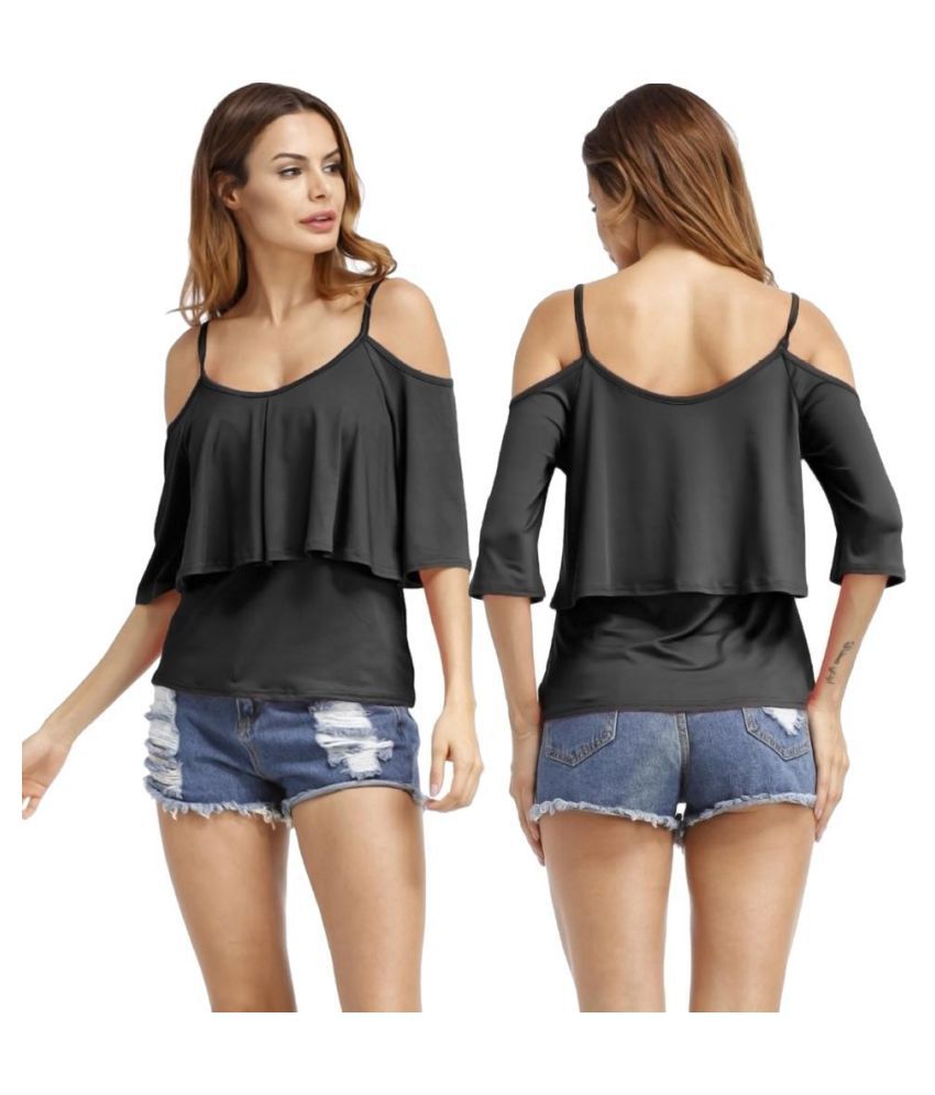 Buy Women Off Shoulder Ruffle Solid Color Spaghetti Strap T-shirt ...