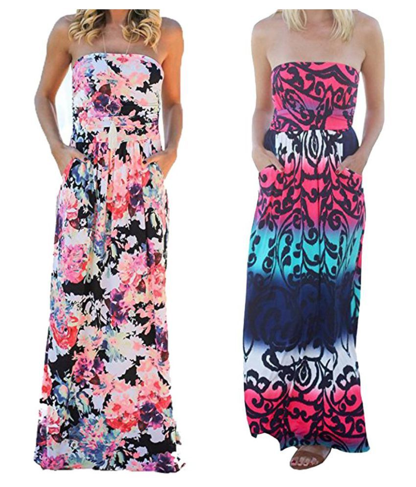 Women Sexy Strapless Backless Floral Printed Long Maix Dress Beach