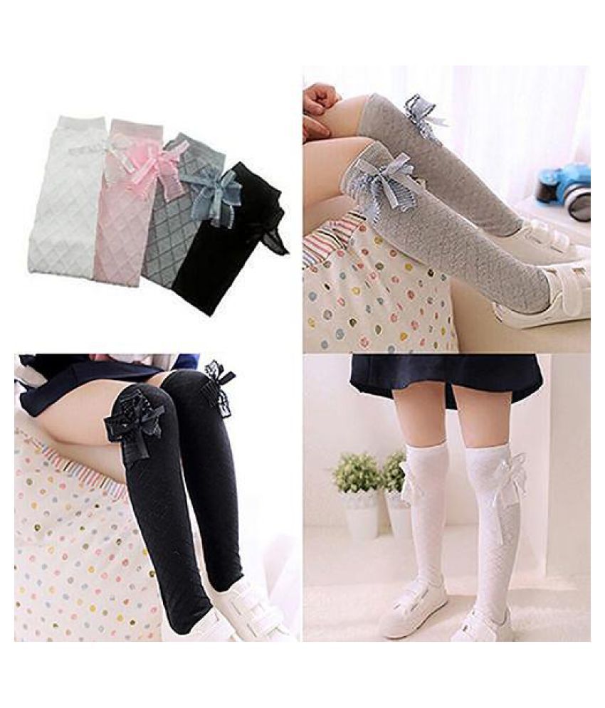 Bow Knee High 6 pairs School Girls & Kids Plain Long Length Cotton Stretch With all size & colour Set of 6 pairs 