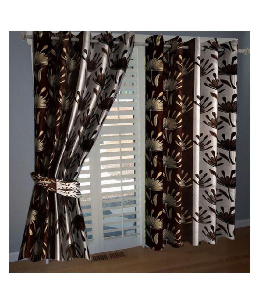     			Phyto Home Floral Semi-Transparent Eyelet Door Curtain 7 ft Pack of 4 -Brown