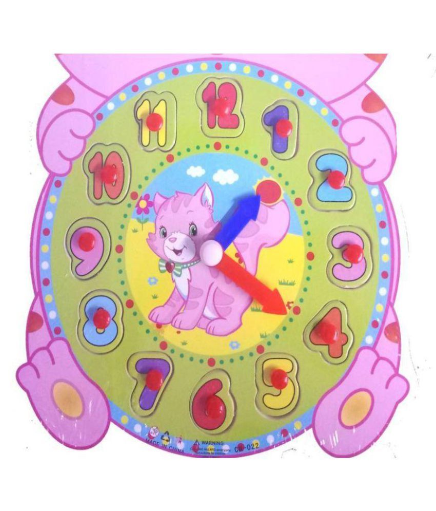 Emob Educational Time Learning Cat Shaped Wooden Clock For Kids with