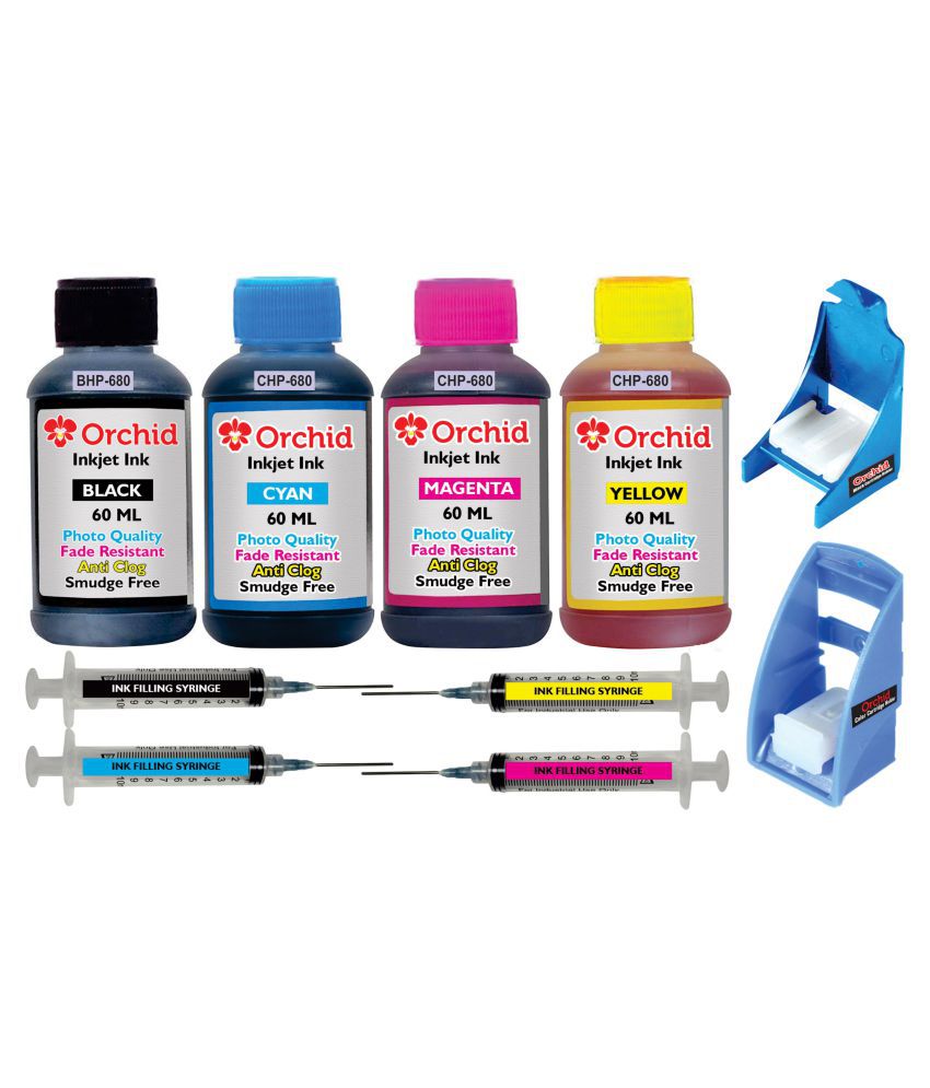 Orchid Multicolor Four bottles Refill Kit for HP 680 black & color ink cartridge  (Photo quality premium ink 240 ml, ink filling & suction tools)