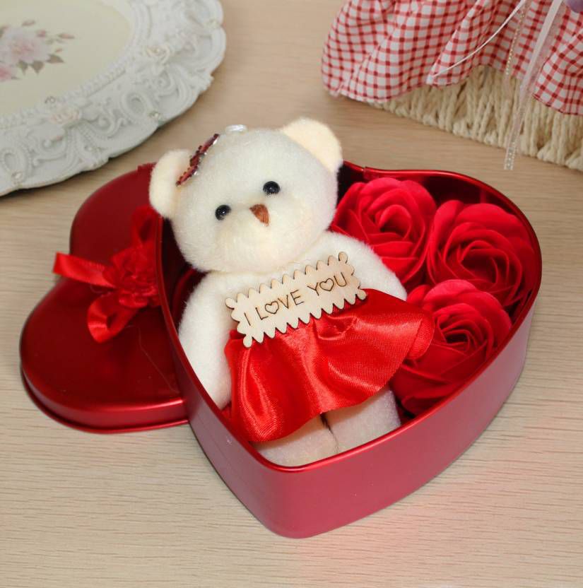 Valentine's Day Gift Heart Shape Box with Teddy and Roses